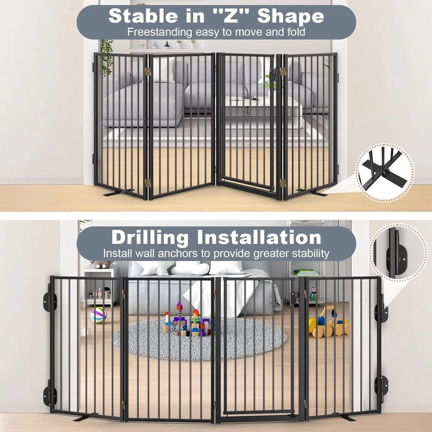 Metal Freestanding Dog Gates with Door for Outdoor Indoor,80'' Extra Wide 32'' Tall Free Standing Dog Gate for Doorways