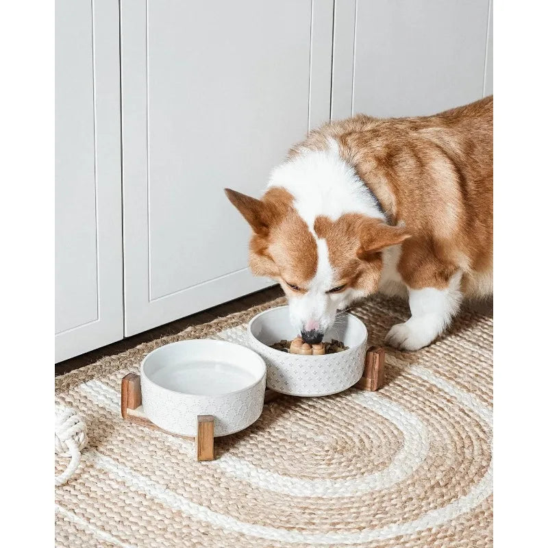 Dog Bowls Ceramic, Bowl Set with Acacia Wood Stand, 3 Cups Dog Food and Water Bowl for Small Medium Sized, Pet Bowls