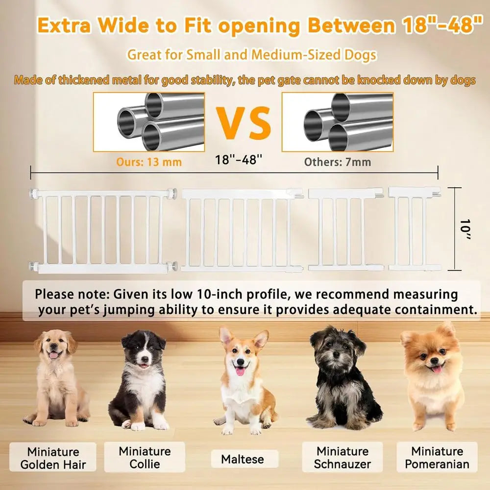 10" Height Short Dog Gate Adjustable18-48" Extra Wide Dog Gate with Small Cat Door,Pet Gate with 4 Extension Kits Pressure Mount