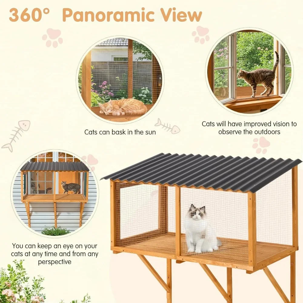 Cat Catio, Wall-Mounted Window Enclosure for Indoor Cats, Expandable Wooden Small Pet Perch House, Secure and Cozy Outdo