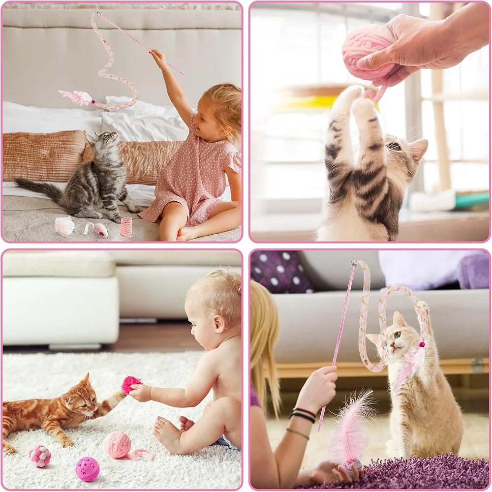 10Pcs Interactive Cat Toy Set Teaser Wand Mice Bell Balls Crinkle Balls Springs Indoor Play Cats