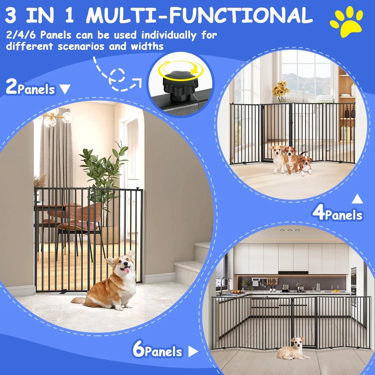 6 Panels Metal Freestanding Dog Gates with Door,120''W Detachable Foldable Dog Fence Indoor Outdoor Puppy Gate