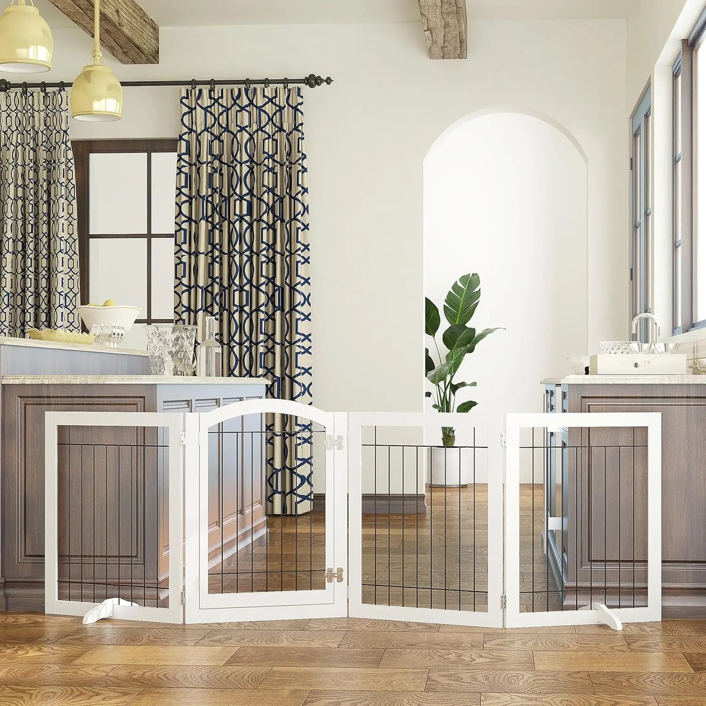 96-inch Extra Wide 30-inches Tall Dog Gate with Door Walk Through, Freestanding Wire Pet Gate for The House, Doorway, Stairs