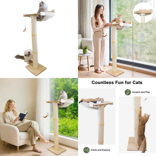 Enhanced Cat Window Scratching Tower, 47.3 Adjustable Post with Suction Cup, Multi-Level Perch for Play, Bird Watching, Supports