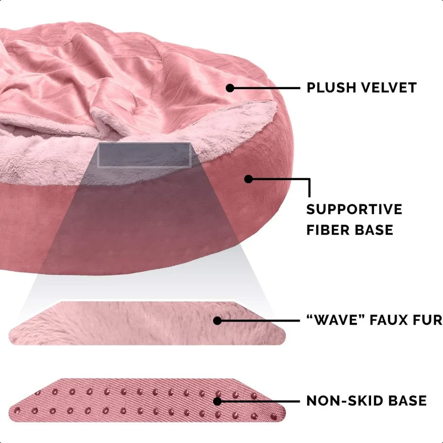 24 Round Calming Donut Dog Bed for Indoor Cats Small Dogs Washable For Dogs Up to 20 lbs Plush Veet Waves Hooded Donut Bed Rose