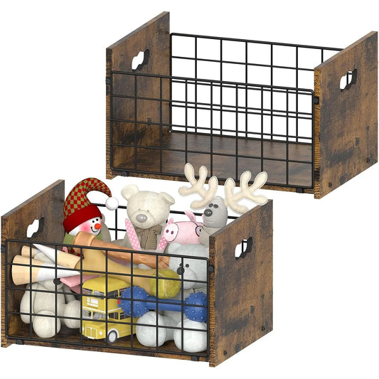 Metal & Wood Dog Toy Organizer | Heavy-Duty Basket w/ Dividers for Toys/Leash | Small Dogs & Puppy Pet Storage