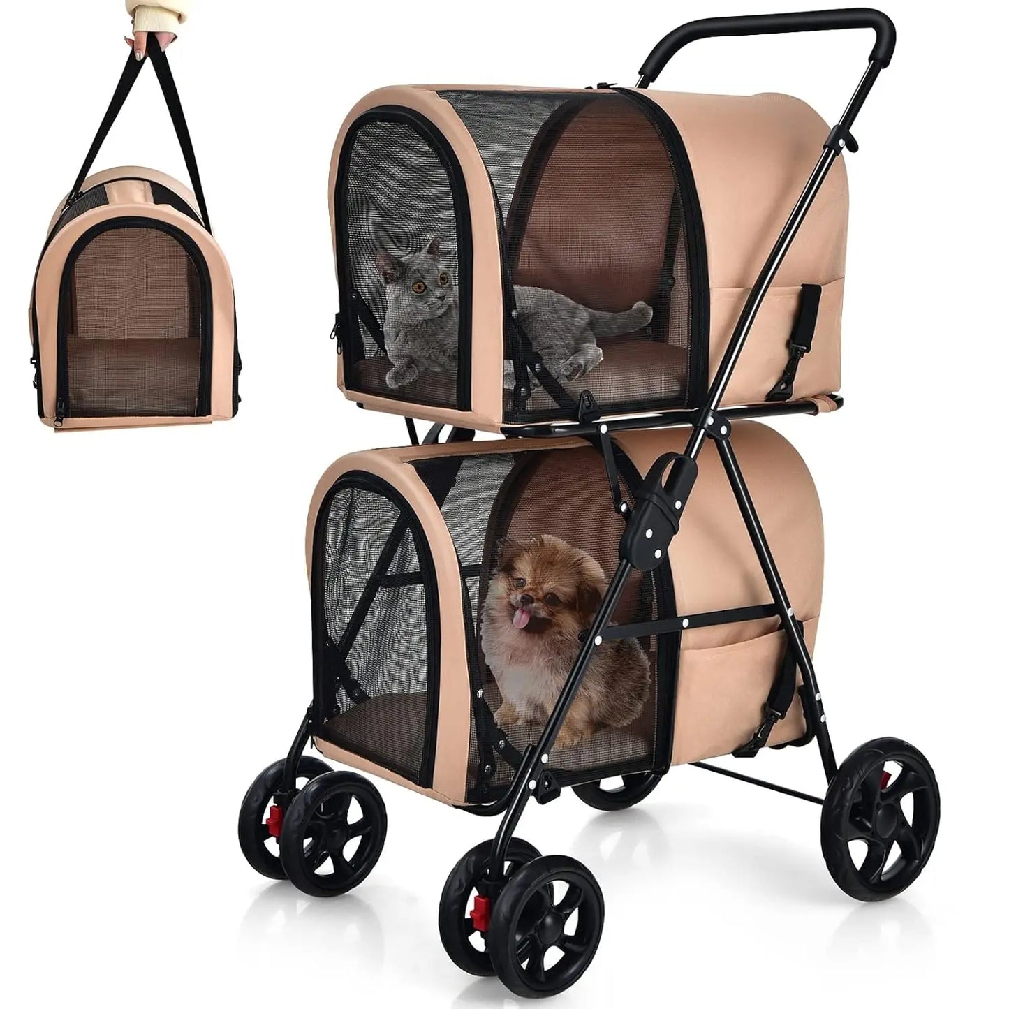Double Pet Stroller with 2 Removable Carrying Bags, Safety Strap, 4 Lockable Wheels, Foldable Cat and Dog Stroller