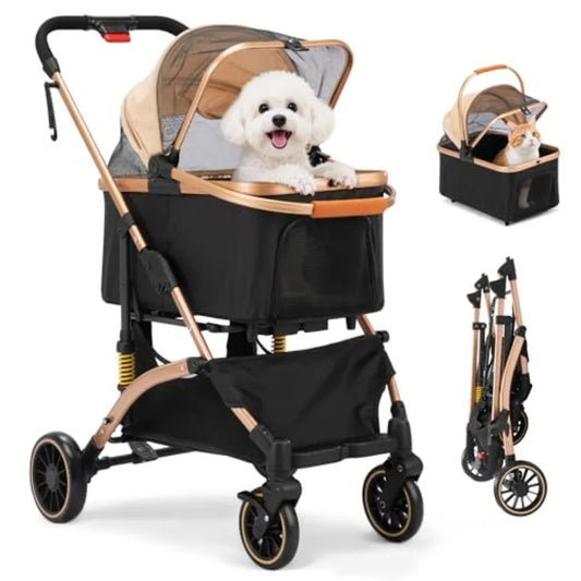 Dog Stroller for Pets One Hand Fold Puppy Stroller with 6 Shock Absorbers Removable Cabin Storage Basket 4 Wheels Dual Brakes R