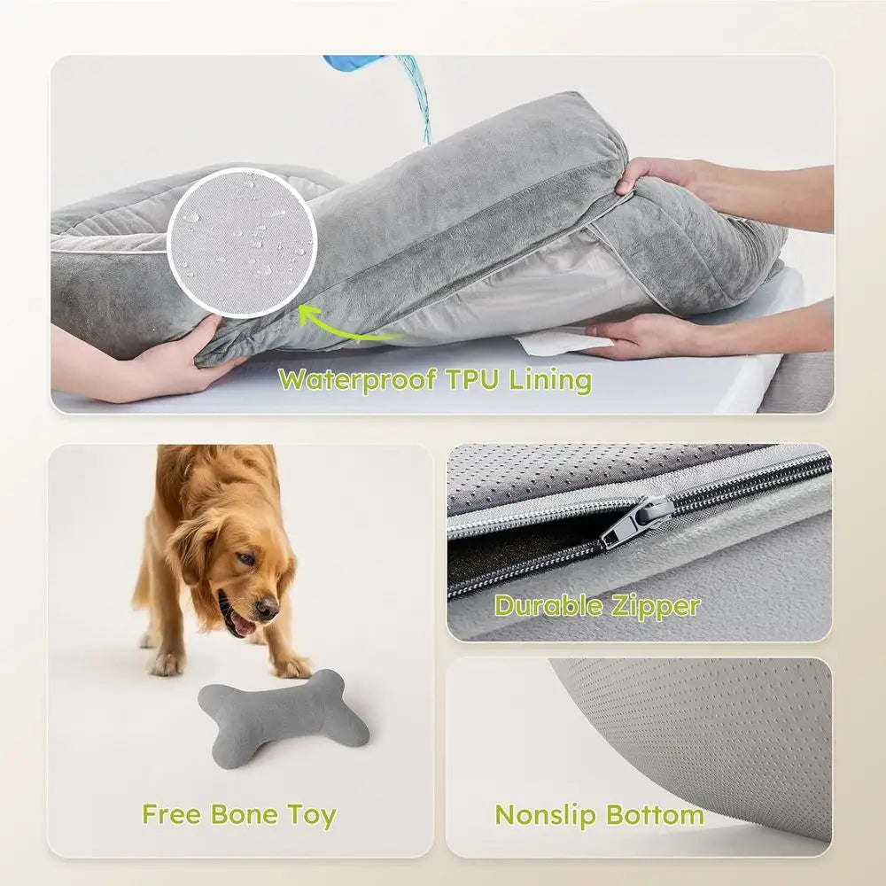 Giant Orthopedic Dog Bed XL, Cooling Gel Foam, Waterproof & Removable Cover, 53 Sofa Bed with Bone Toy, Light Gray