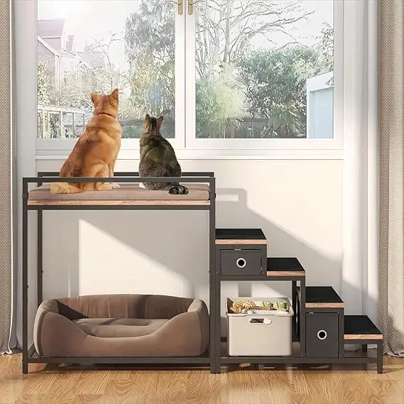 dual-level pet bunk bed with detachable stairs, storage drawers, and window perch for dogs and cats