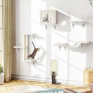7-in-1 Wall Mounted Cat Climber Set, Cat Furniture Set with House, Bridge, Tree, Steps, Scratcher, DIY Playground, Shelves for