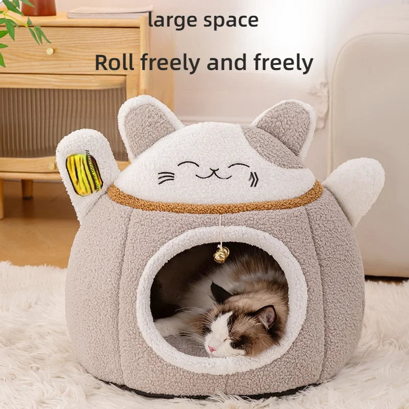 Lucky Fortune Cat Pet Bed - Winter Warm Semi-Open Fleece Round Bed for Cats & Dogs | Cozy Lucky Pet House, Soft Cushioned Kennel