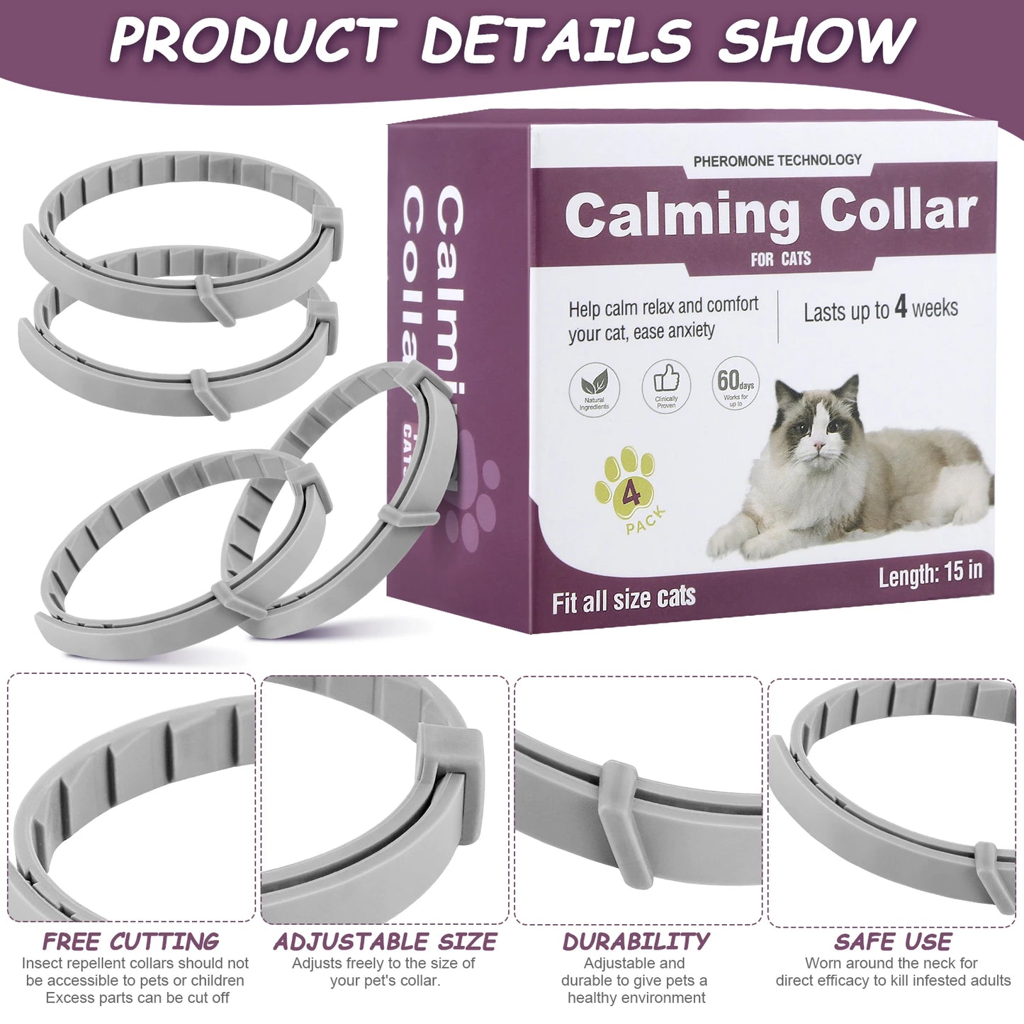 4Pcs Cat Calming Collar Cat Pheromone Collar Adjustable Calming Pheromone Collar Anti-Anxiety Helps with Aggression Pet Supplies