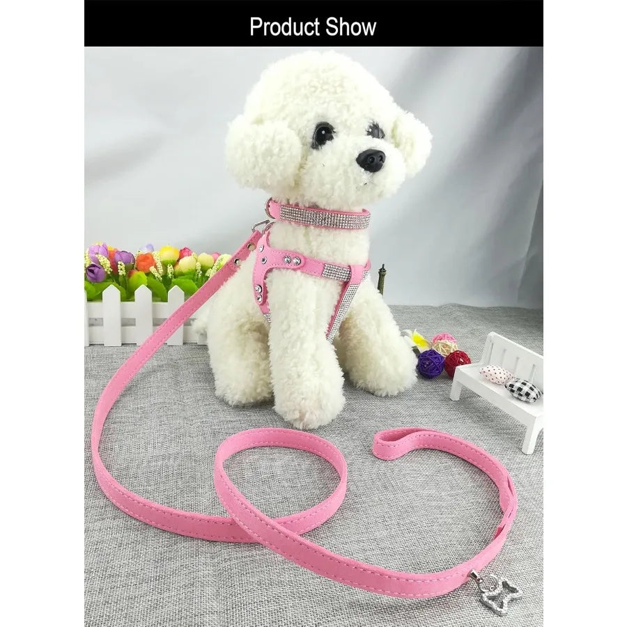 Fashion Dog Collar Harness Lead Sets for Small Dogs Comfortable Soft DiamanteDecorated Collar Adjustable Harness and Leash Set