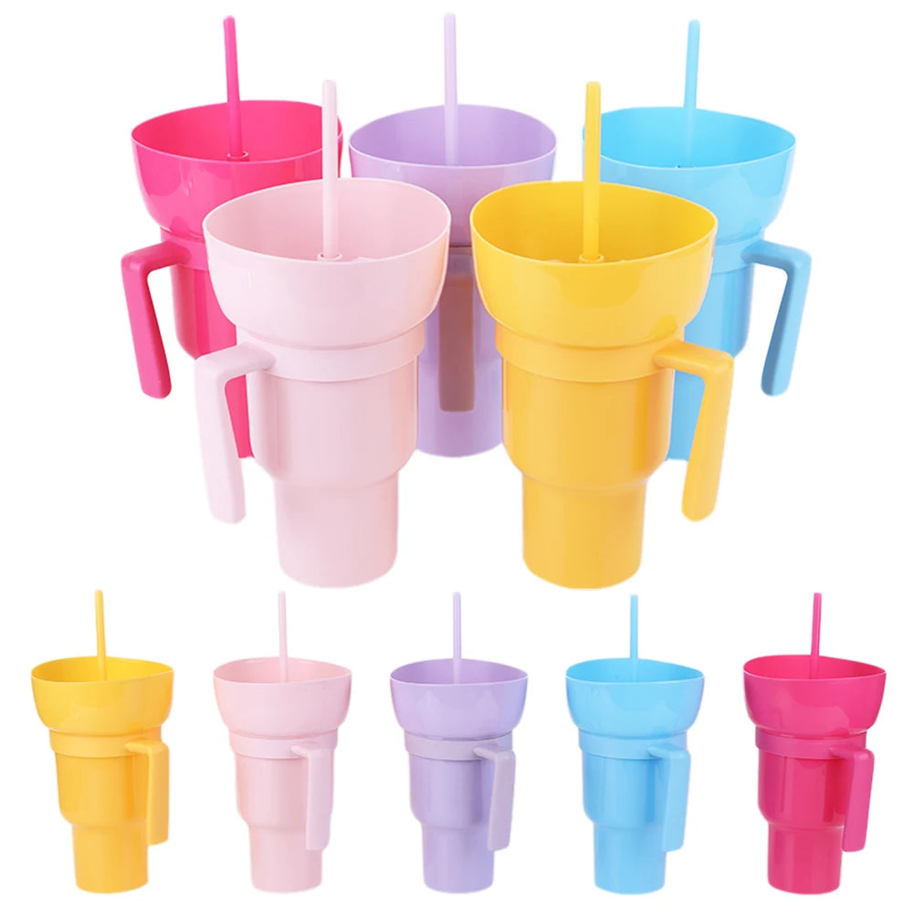 1000ml Cup and Bowl Combo Multifunction Stadium Tumbler Snack and Drink Cup 2 In 1 with Straw & Handle for Cinema Home Travel