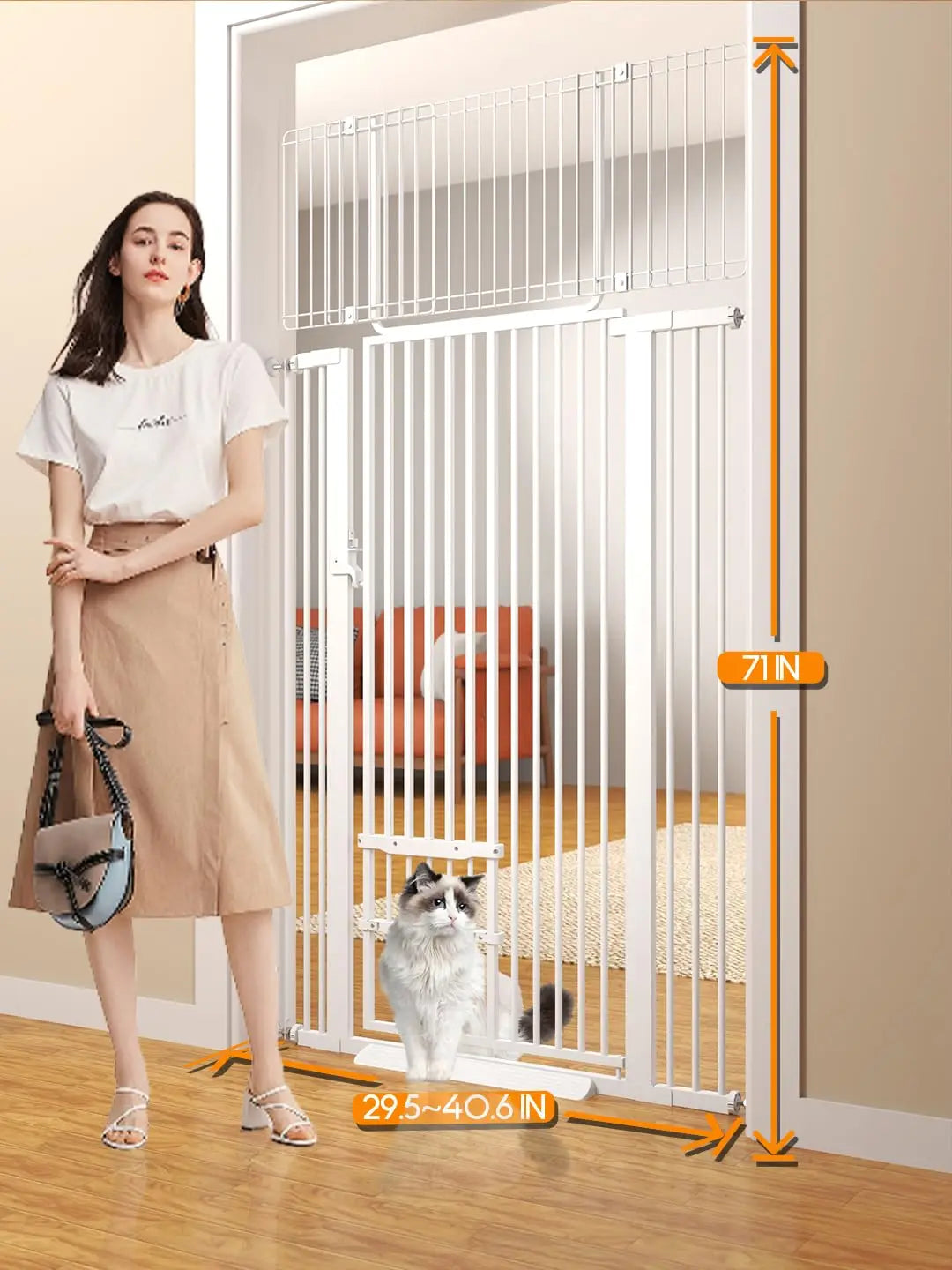 71" Extra Tall Cat Gate 29.5-40.6 Wide Pet gate with Small Cat Door,Pet Gate NO Drilling Pressure Mount Kit for Cats and Dogs