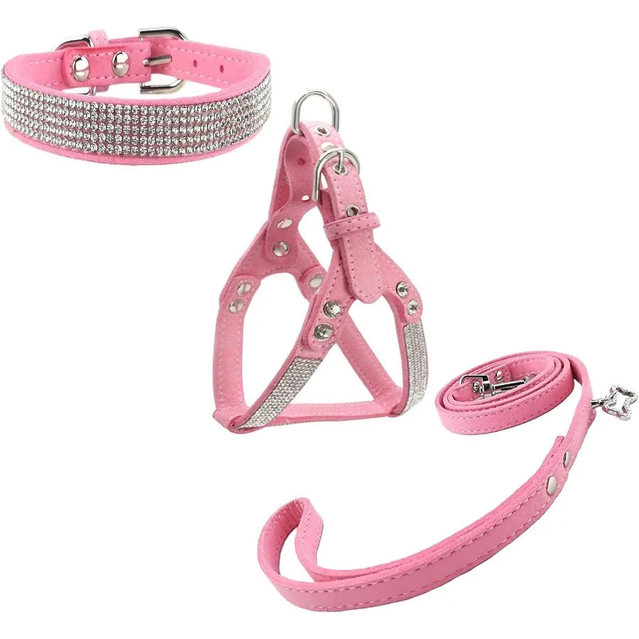 Fashion Dog Collar Harness Lead Sets for Small Dogs Comfortable Soft DiamanteDecorated Collar Adjustable Harness and Leash Set