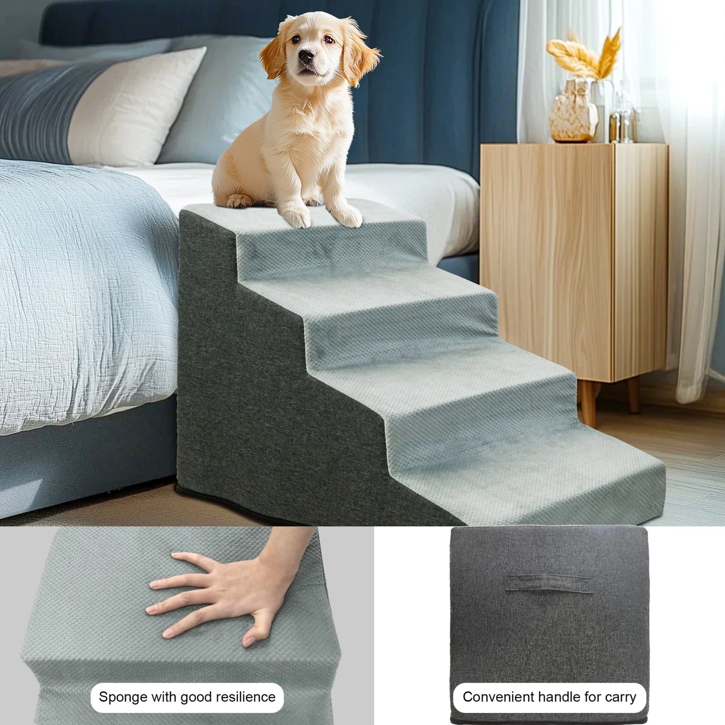 3/4 Steps Dog Stairs Ramp with Washable Cover for Small Dogs, Non-Slip Balanced, Pet Steps for Couch Sofa