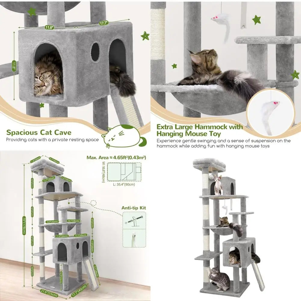 70 Heavy-Duty Indoor Cat Tower, Extra Large Scratch Post with Hammock and Condo, Ideal for Adult and Kitten Cats, Light Grey F70