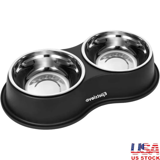 Double Dog Bowls Stainless Steel Non-Slip Resin Feeding Station Pet Water Food Feeder Medium Dogs Cats Puppies Anti-Skid