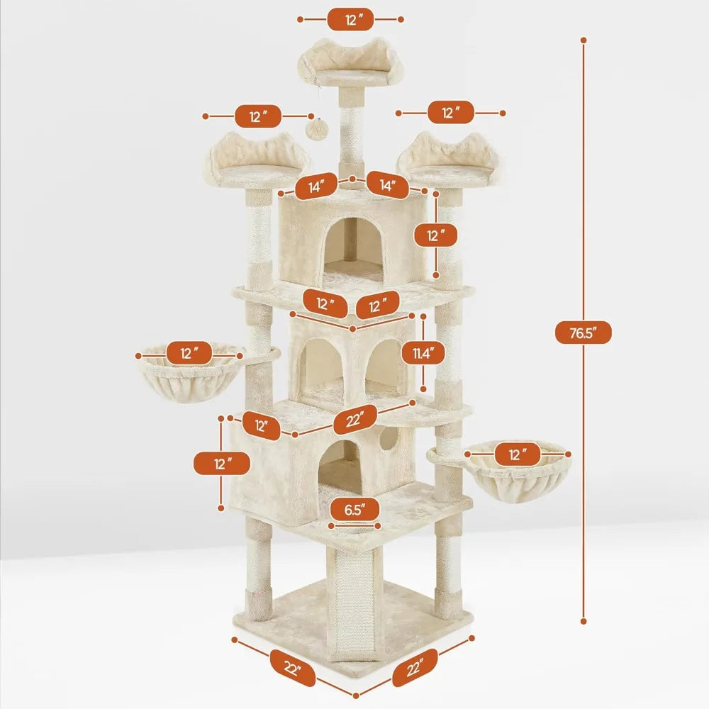 Large Multi-Level Cat Tower for Big Cats, 76.5 High with 3 Condos, Perches, 9 Scratching Posts, and 2 Balls for Climbing and Pla