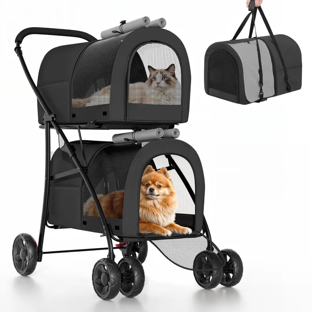 Double Dog Stroller with 2 Detachable Carrier Bags, 4-Wheel Folding Pet Travel Strolling Cart with Storage Pocket for S