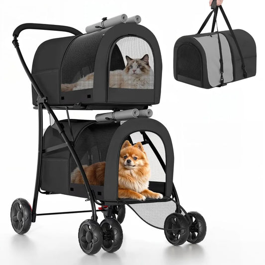 Double Dog Stroller with 2 Detachable Carrier Bags, 4-Wheel Folding Pet Travel Strolling Cart with Storage Pocket for S