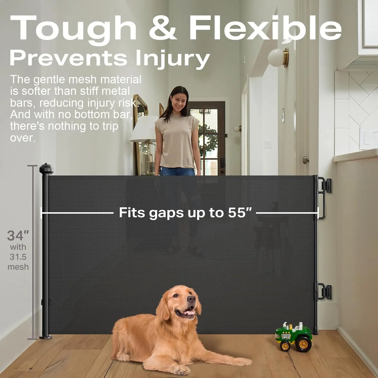 2-Pack Retractable Baby Gates for Stairs, 55" Wide Soft Mesh Pet Gate for Dogs with One Hand Opening, 34" Tall Toddler Gate