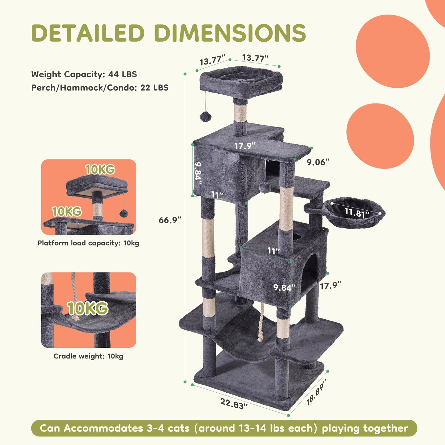 66 inch Cat Tree Tower Large Multi Level Cat Climbing Tower with Condo Natural Sisal Scratching Posts Pet House for Indoor