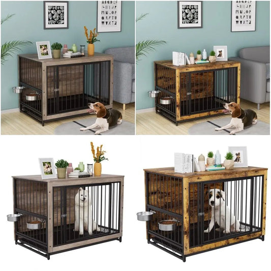 Furniture Style Dog Crate,Wooden Heavy Duty Dog Kennel with Adjustable Raised Feeder for Dogs 2 Stainless Steel Bowls Brown/Gray