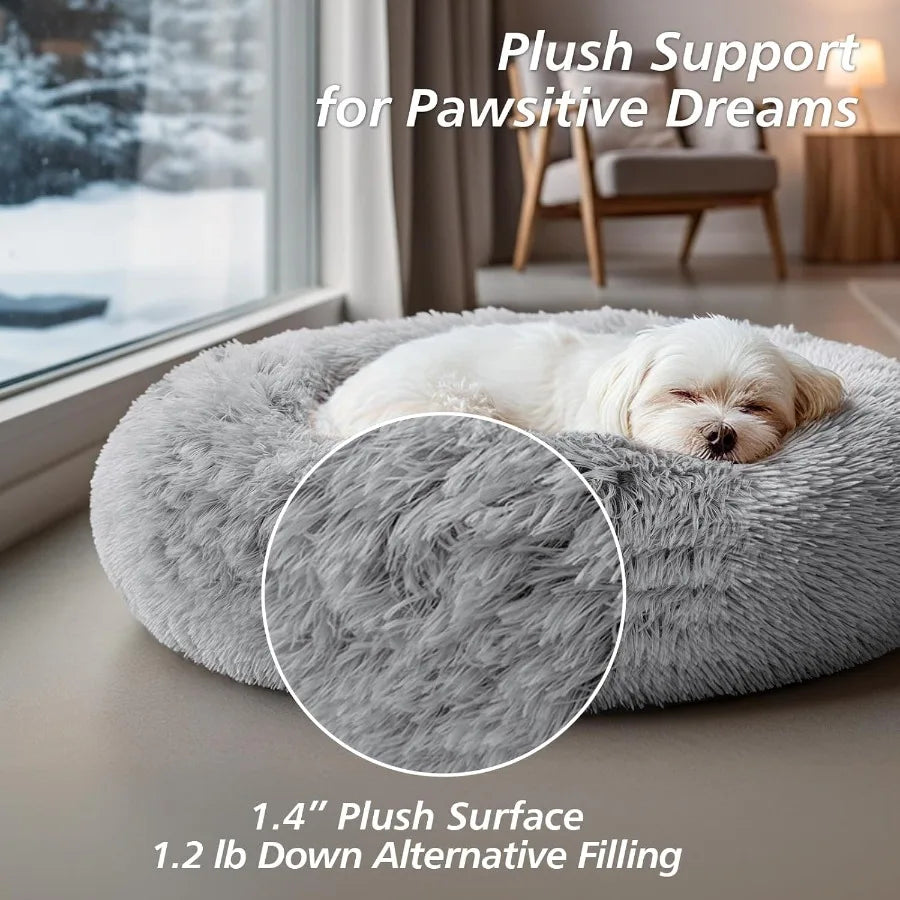 Round Calming Fluffy Plush Faux Fur Cushion Bed for Small Medium Dogs and Indoor Cats with AntiSlip Bottom Donut Cuddler Warmin