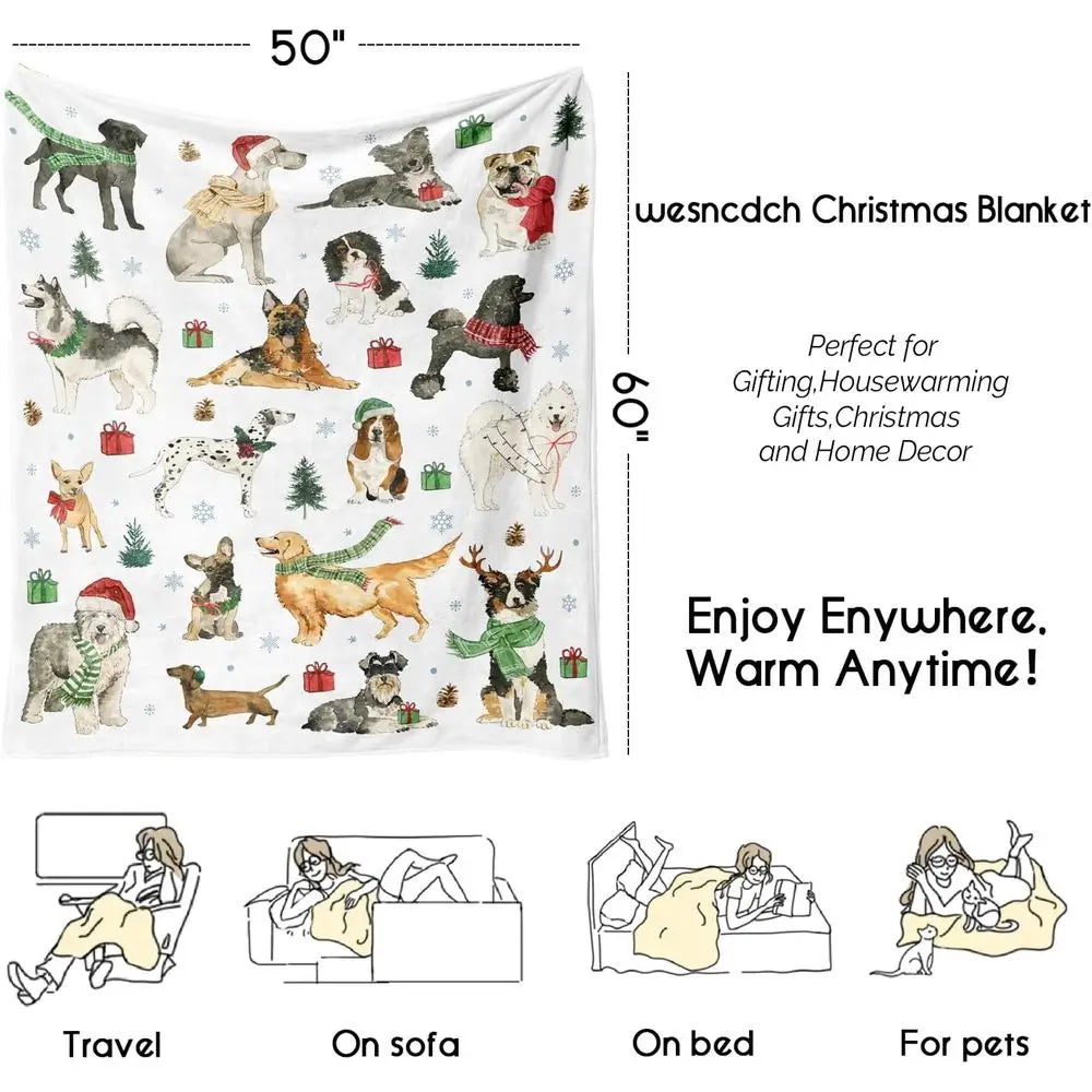 Cozy 60x50 Flannel Throw for Winter, Festive Dog Lover Blanket, Soft Fleece Couch Cover for Women, Home Living Room & Bedroom De