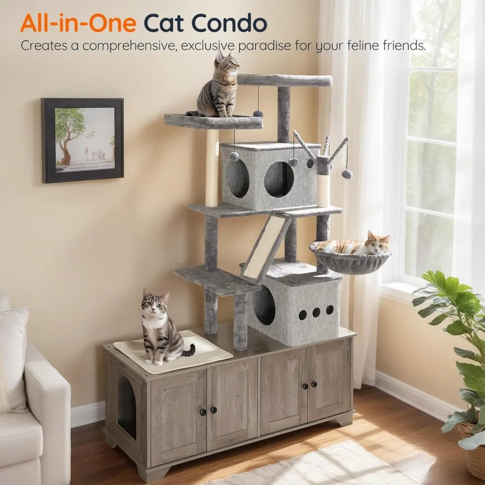 Double Litter Box Enclosure with Cat Tree, 45.3"L x 17.7"W x 68.9"H All-in-One Modern Cat Tower with Cat Bed, Hidden Litter Box