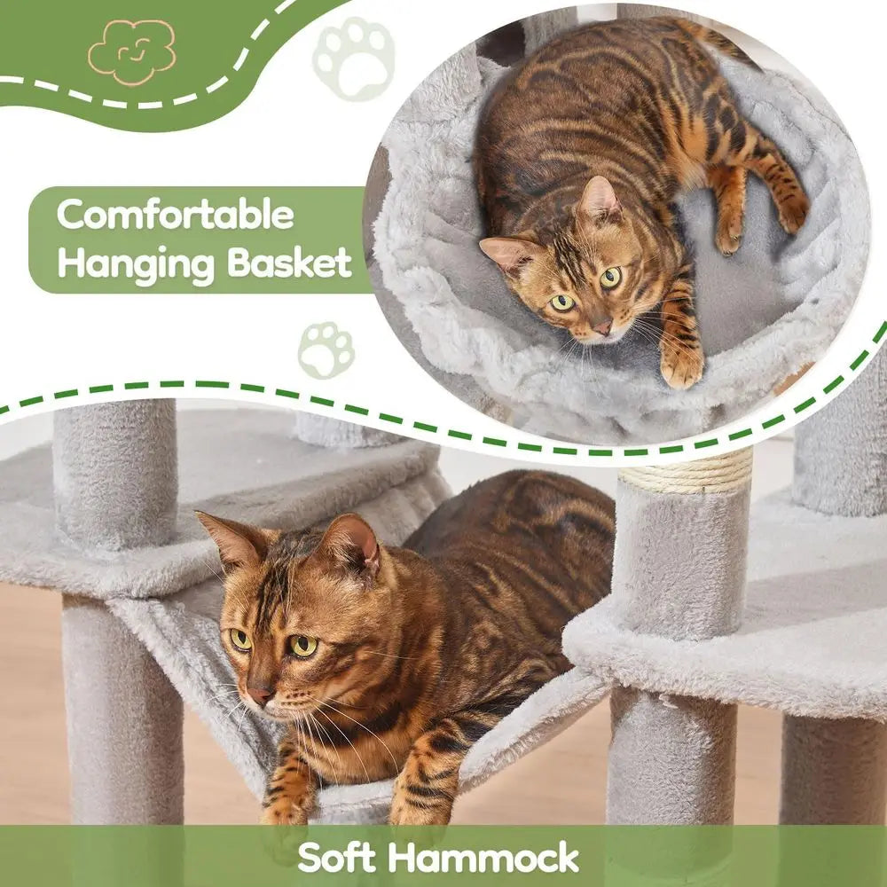 66 Large Cat Tower with Scratching Posts, Plush Hammock, Adjustable Basket, and Top Perch in Light Gray
