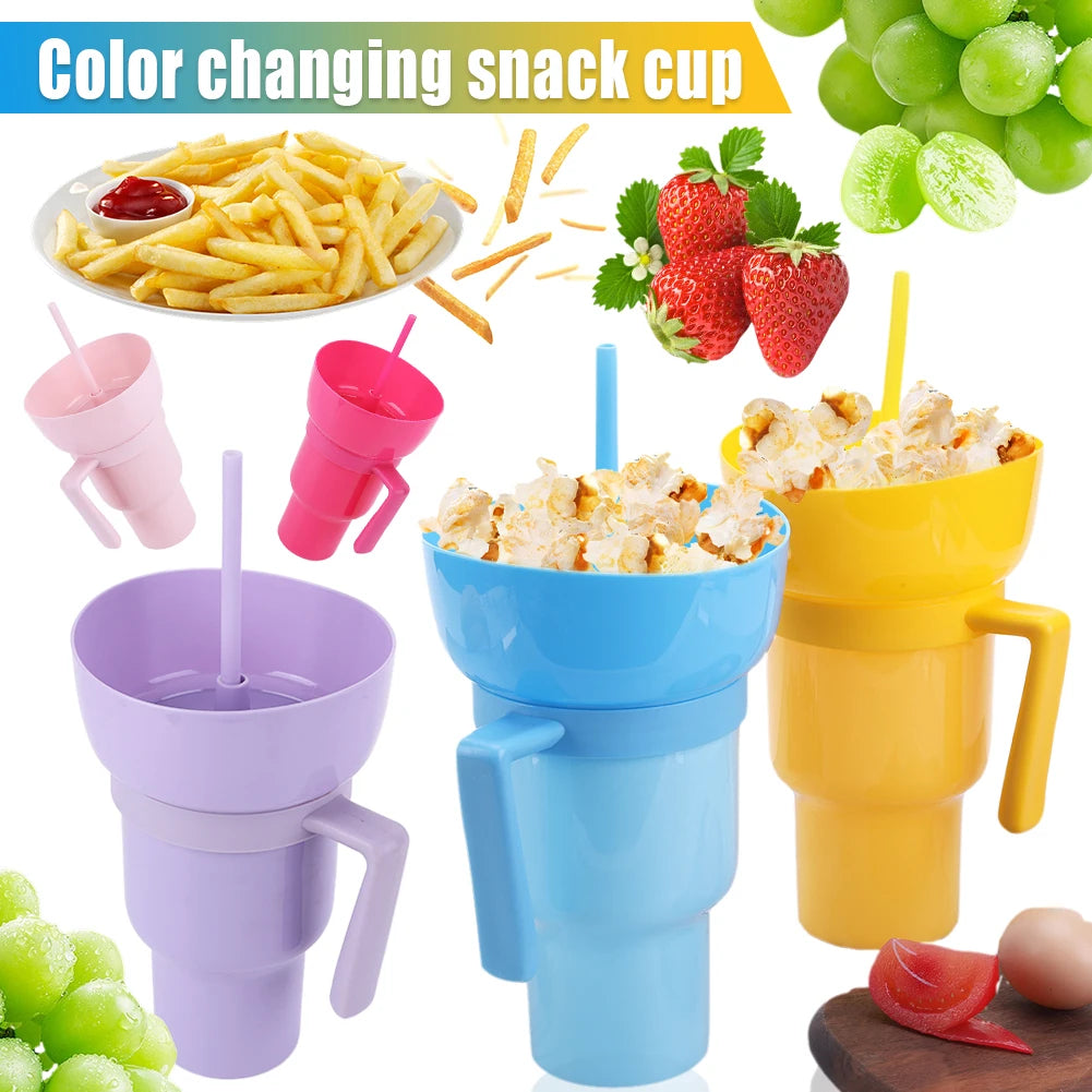 1000ml Cup and Bowl Combo Multifunction Stadium Tumbler Snack and Drink Cup 2 In 1 with Straw & Handle for Cinema Home Travel