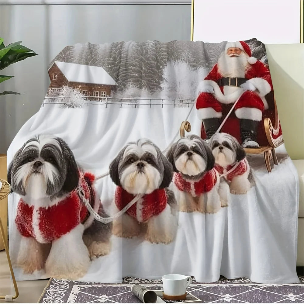 Flannel Throw Blanket - Shih Tzu Dogs & Santa Sled Winter Scene - Soft Cozy All-Season Bedspread - Red & White Christmas Design