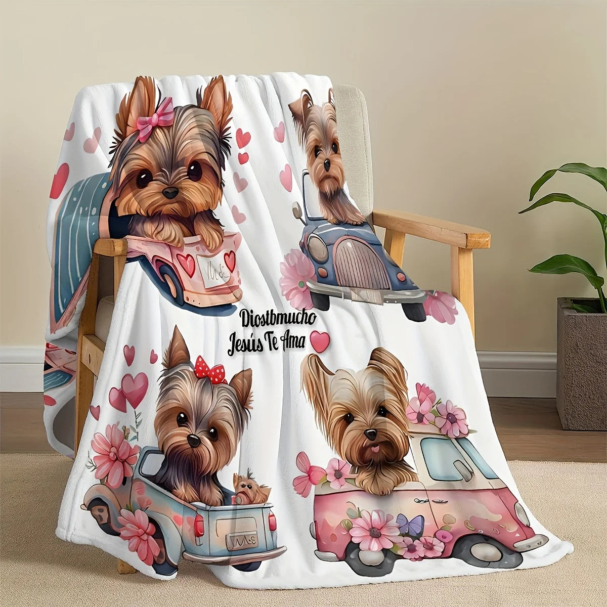 Cozy Yorkie Cartoon Print Flannel Blanket - Soft, Warm, Tear-Resistant, All-Season Home Throw for Bedroom, Living Room, Office |