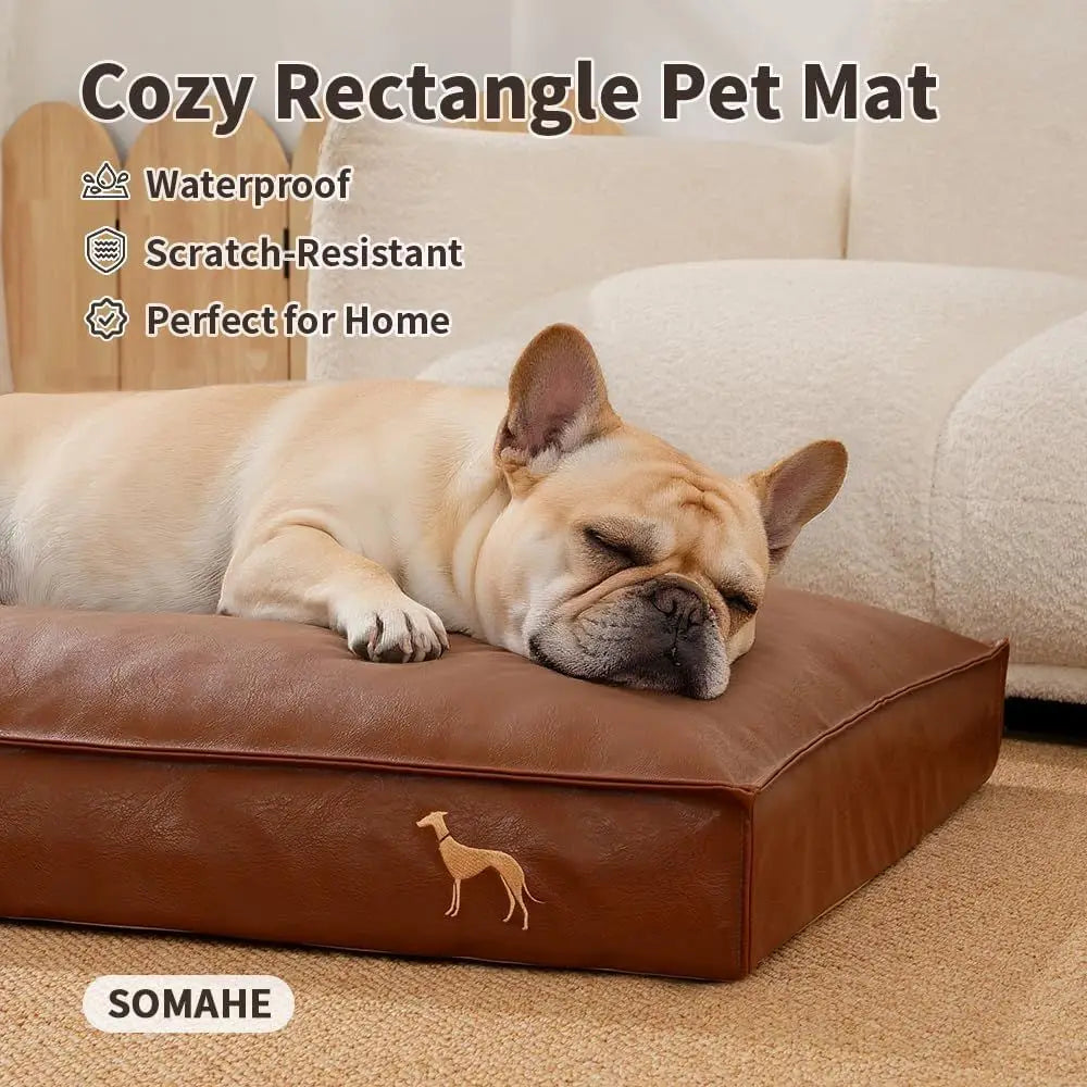 Orthopedic Dog Bed for Medium & Small Dogs - Removable, Washable PU Leather Cover, Waterproof, Brown, 27.5x19.6x4