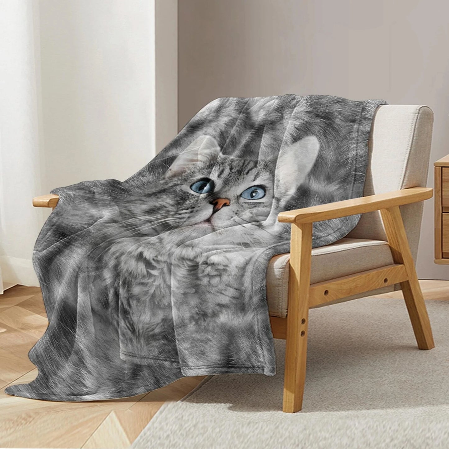 1pc Cat Print Flannel Blanket - Soft Warm All-Season Throw with Realistic Gray Tabby Cat Design, & Machine Washable
