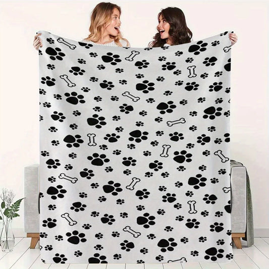 Dog Paw Pattern Flannel Gift Blanket, Soft and Comfortable Polyester Nap Throw for Sofa, Bed, Office Air Conditioning, Travel