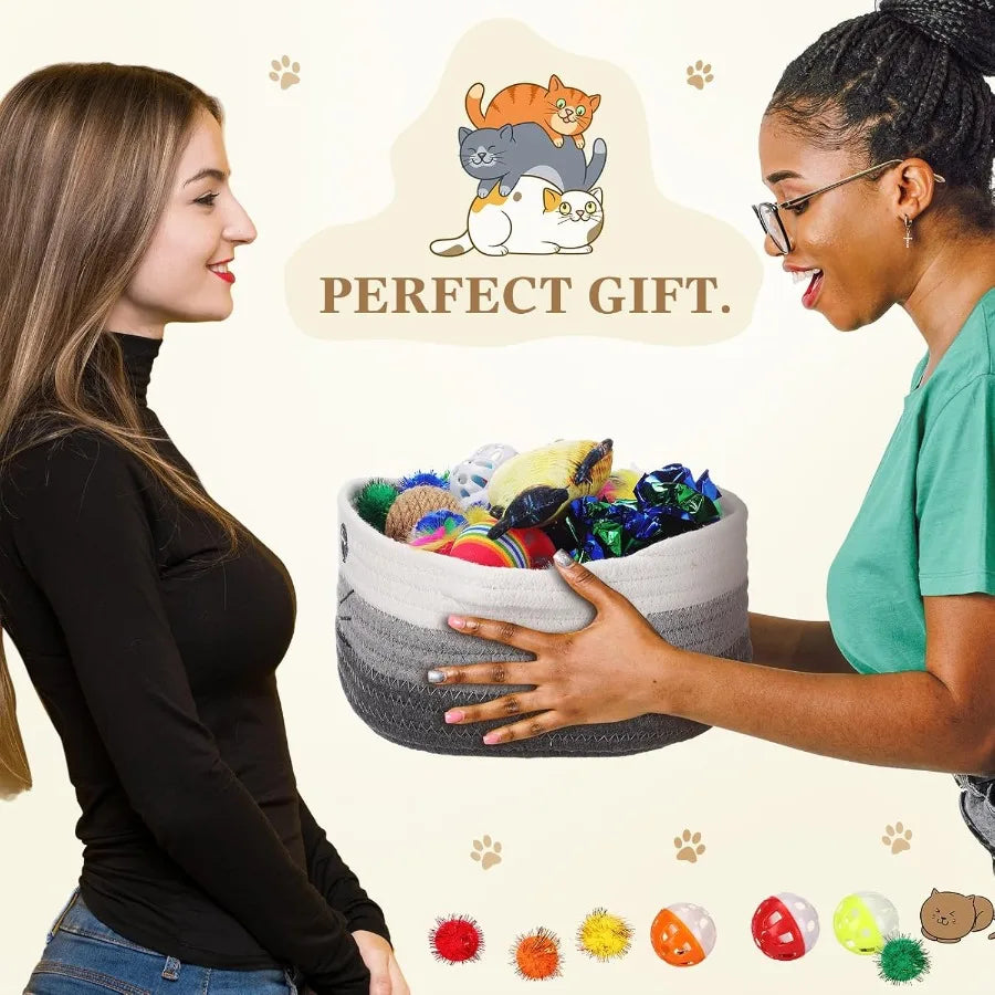 58 Pcs Cat Storage Basket Gift Toys Set Colorful Flashing Balls Pet Bell Crinkle Balls Spring Toys Attract Cat to Swat Bite Hun