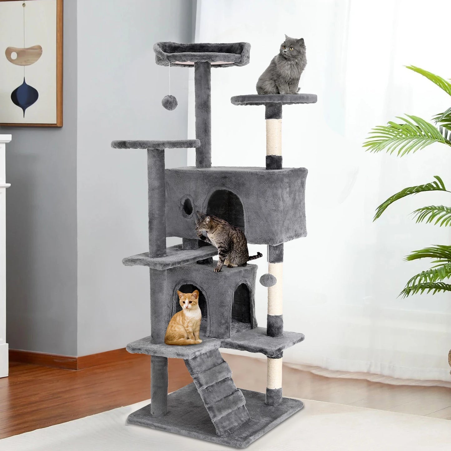 Cat Tree 54/70 Inch Cat Tower Cat Condo with Sisal-Covered Scratching Posts Dangling Ball for Cats to Play and Sleep
