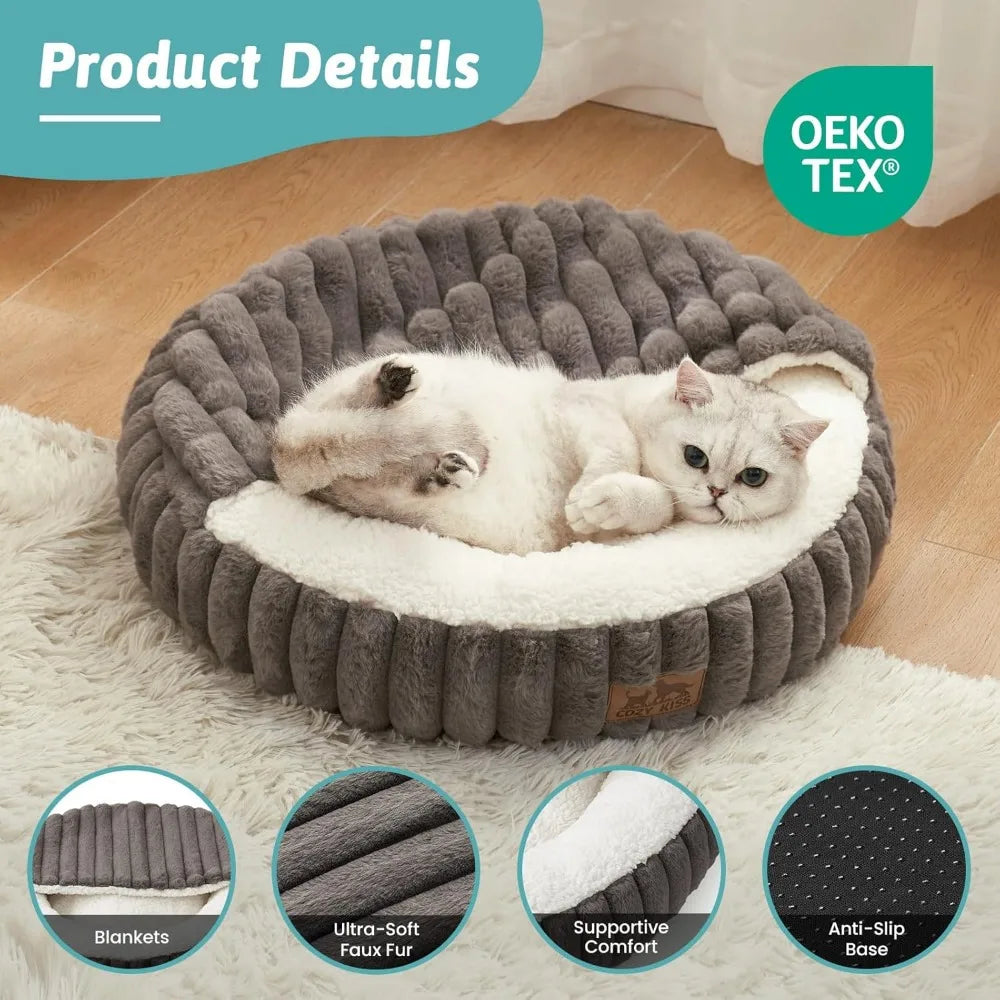Cat Bed with Hooded Blanket, Round Fluffy Anti-Anxiety Pet Bed for Cats/Small Dogs, Cozy Donut Cuddler with Machine Washable Fau