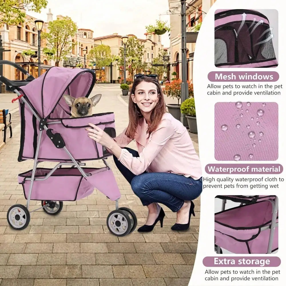 New Pink Pet Stroller Cat Dog Cage 3 Wheels Stroller Travel Folding Carrier
