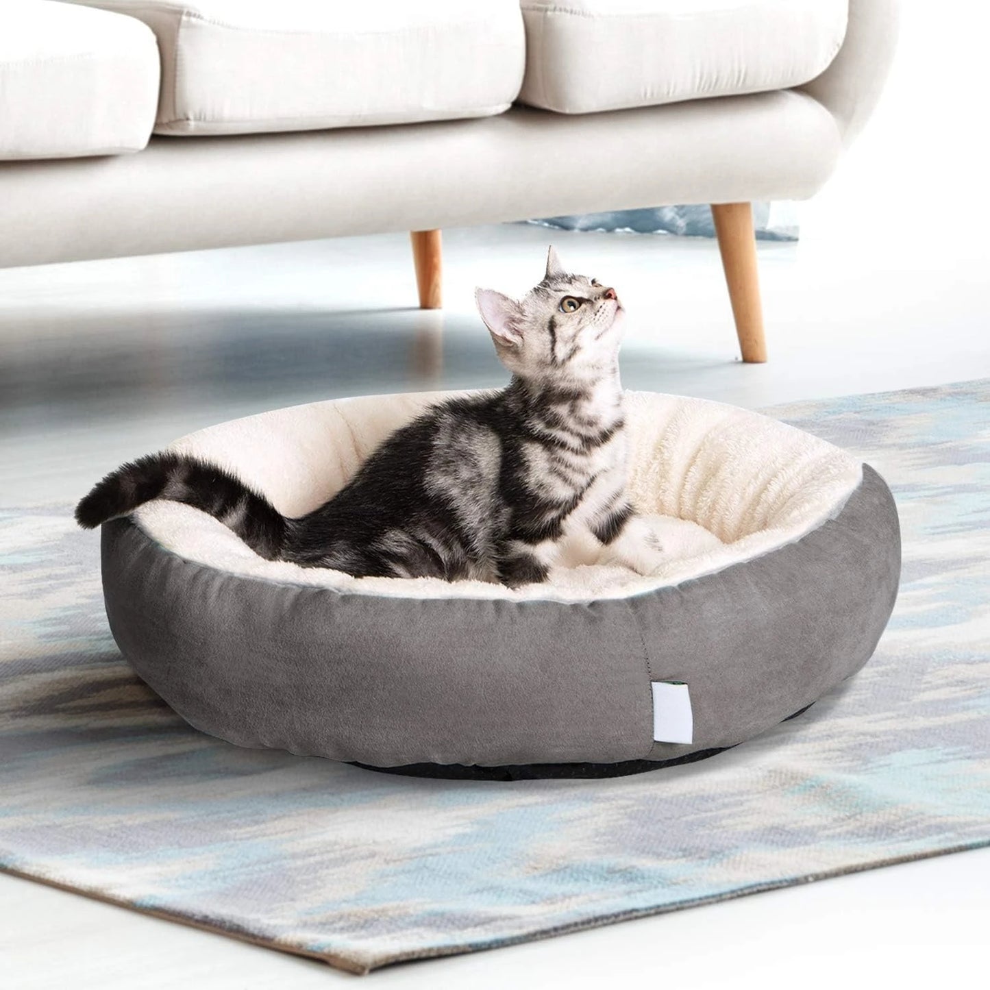 Round Dog Bed – 20 Inch Donut Shape Raised Rim – Polyester Fiberfill – Non-Slip Base – Machine Washable – For Small Dogs & Cats