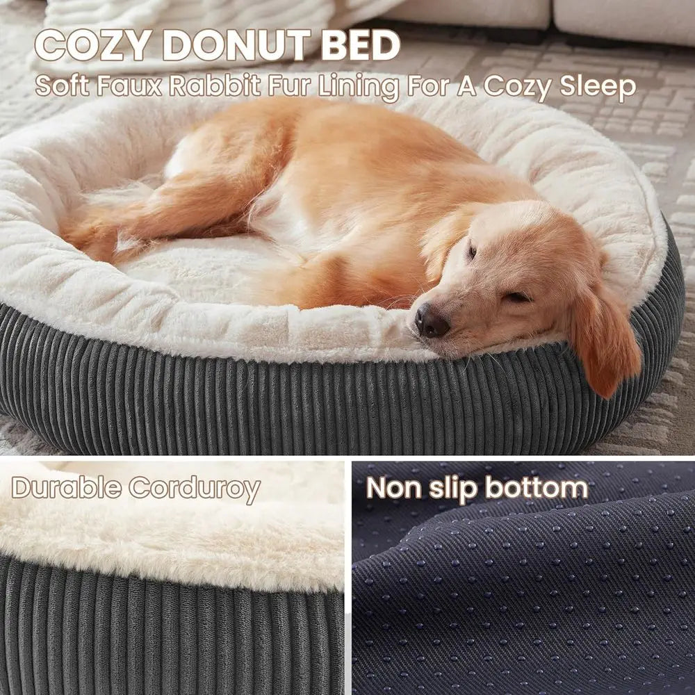 36 inches Donut Dog Bed for Large Dogs - Calming Round Pet Bed with Removable&Washable Cover, Plush Faux Fur & Corduroy, Fits Pe