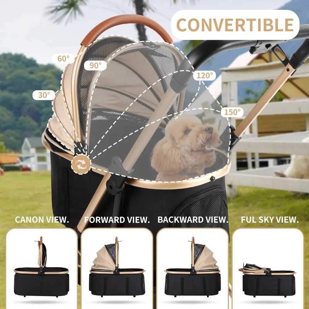 Pet Stroller with 4 Wheels, Foldable Pet Travel Carrier for Small/Medium Dogs Cats up to 50lbs, Detachable Portable Pet Bag