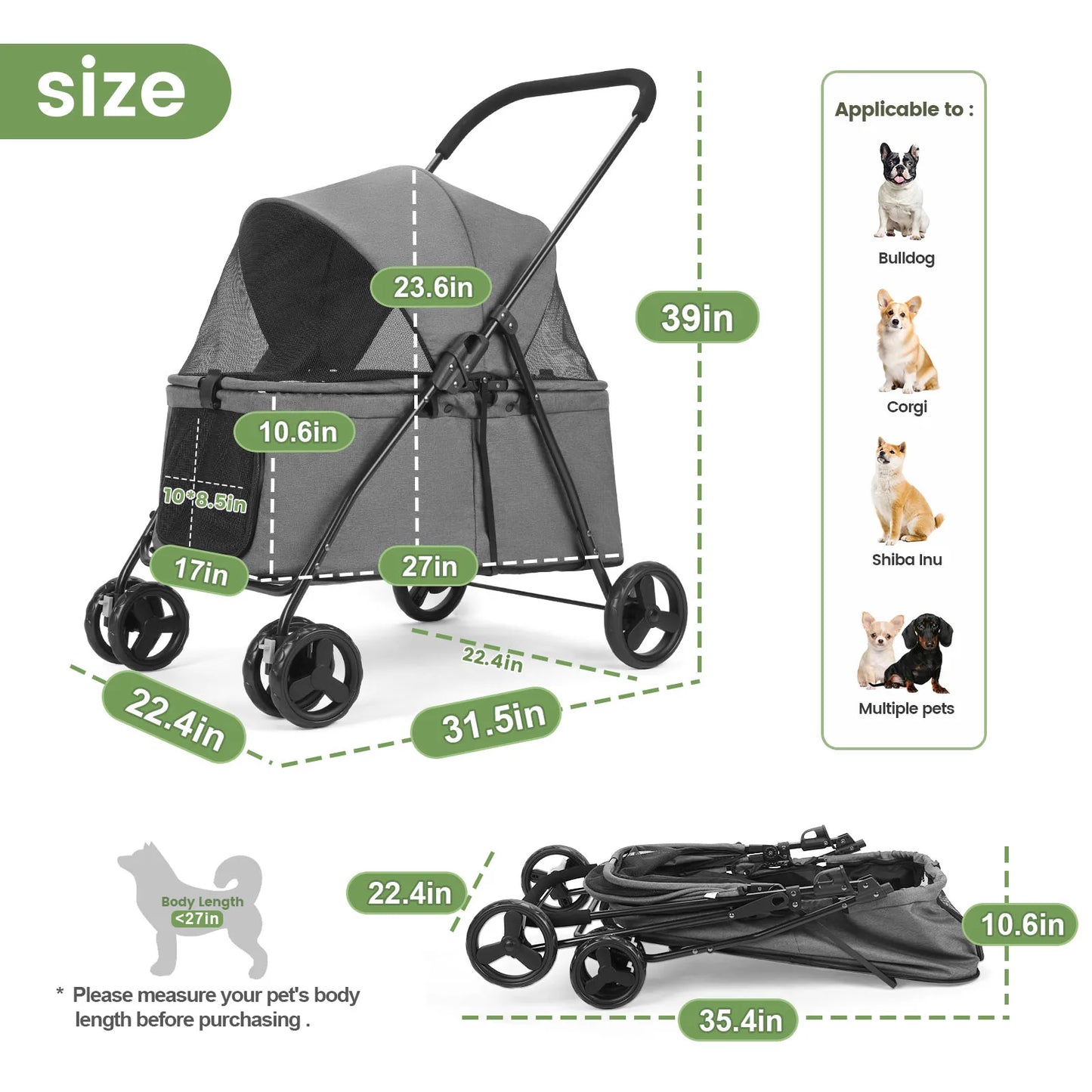 Wedyvko Luxury 80 lbs  Pet Stroller 4 Wheels Dark Grey Dog Puppy Stroller Rotate with Brakes for Small Medium Dog