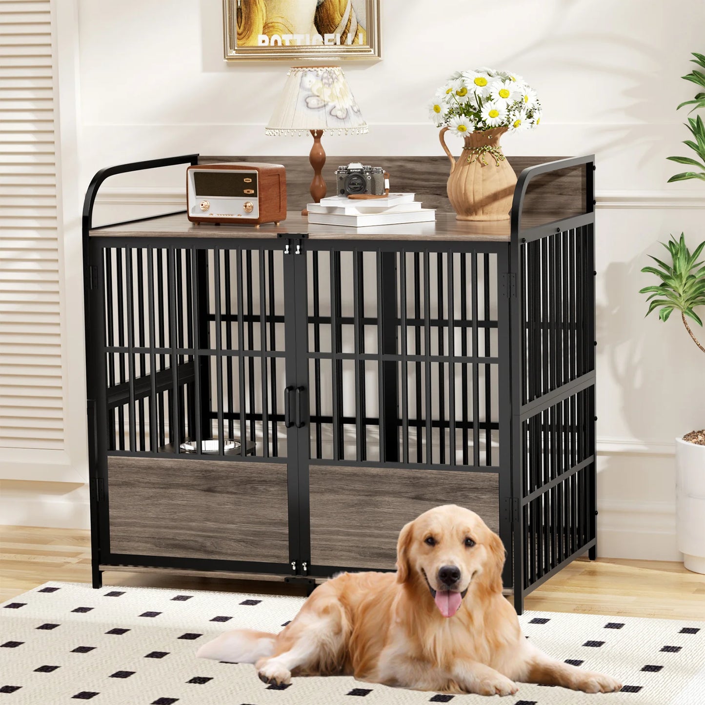 JDPAG Large Dog Crate, Dog Kennel Furniture Indoor with 2 Adjustable Bowls, Heavy Duty Dog Cage,