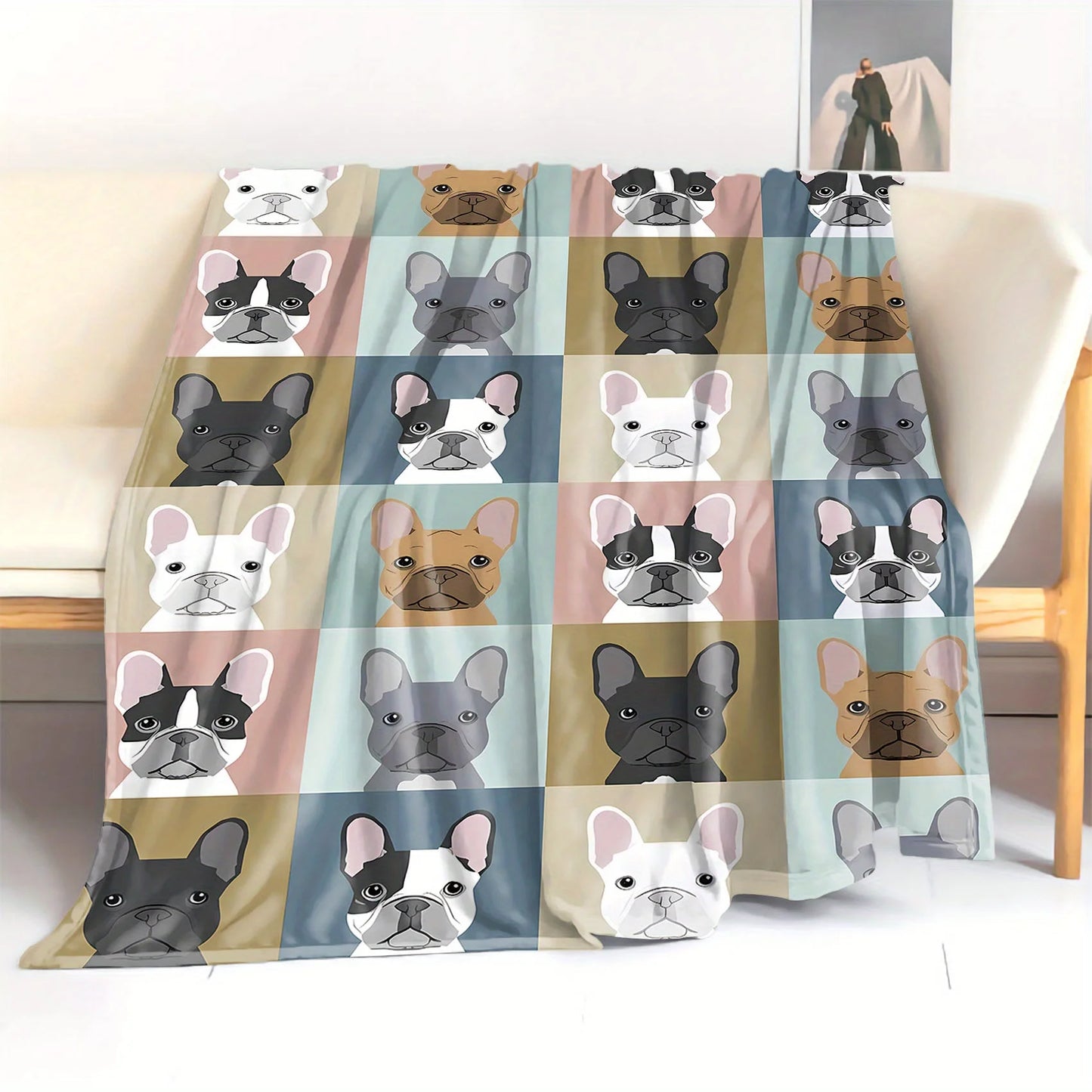 French Bulldog Puzzle Pattern Flannel Throw Blanket - Soft Mid-Century Style Digital Print Knitted Polyester, All-Season Cozy